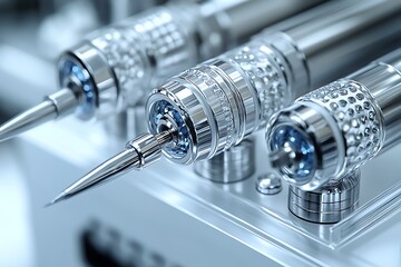 Futuristic Metallic Syringe Devices with Blue Accents

