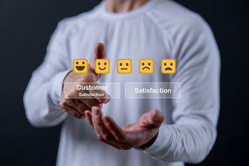 customer service evaluation and feedback rating. costumer review concept, man using phone chooses...