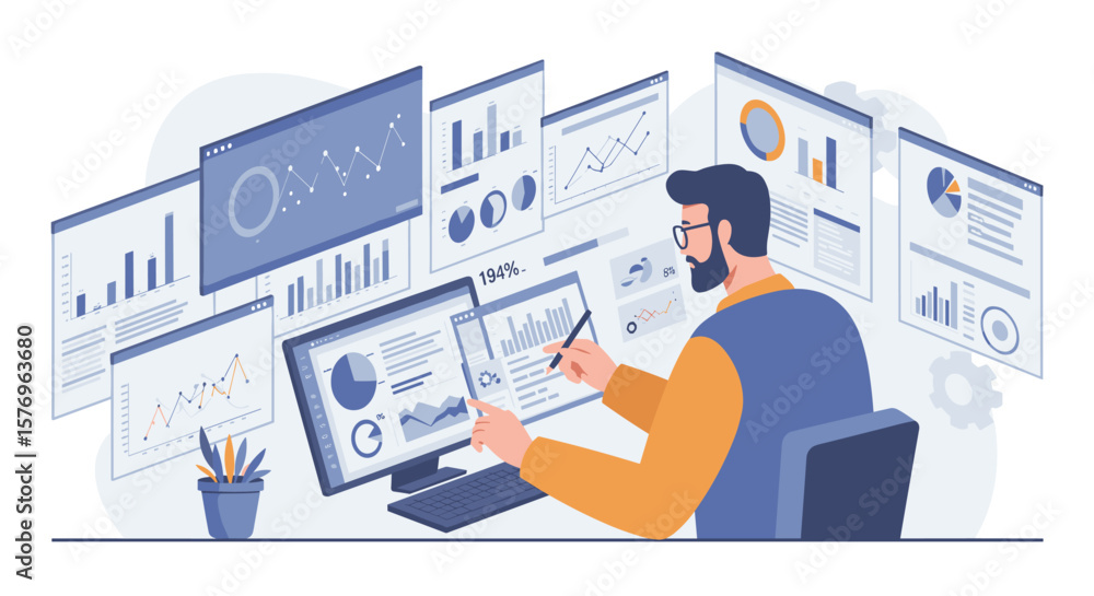 Poster data analyst reviewing interactive dashboard with charts and graphs in modern office environment