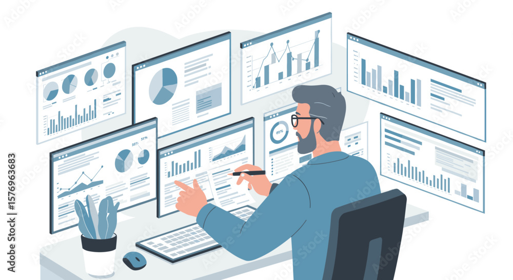 Poster business analyst examining multiple data dashboards for performance insights