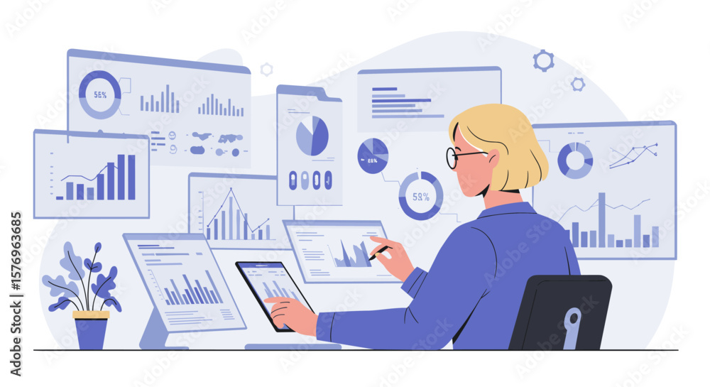 Poster analyst working with digital data panels in modern office setting