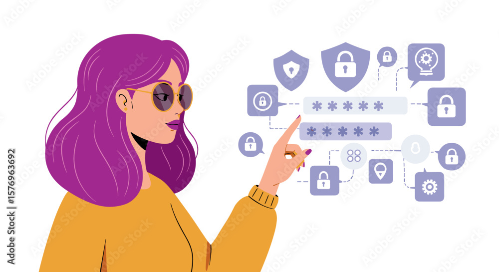Poster tech savvy woman engaging with secure network interface in flat design