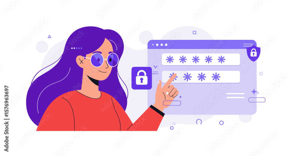 Poster flat design woman using secure password interface with lock icon