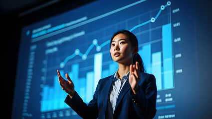 Confident Asian Businesswoman Presenting Data Analysis on Screen in Dark Room with Graphs
