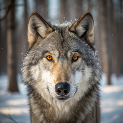 Fototapeta premium Close up portrait of a majestic grey wolf with striking amber eyes in a snowy forest