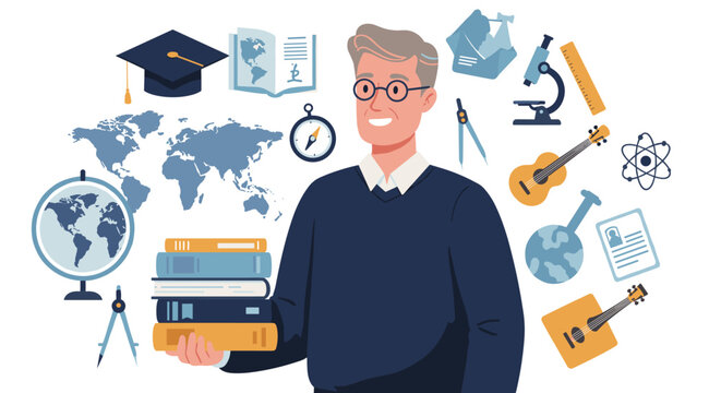 Teacher holding books surrounded by educational symbols in flat design