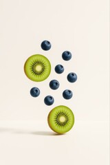 Floating kiwi and blueberries on white background