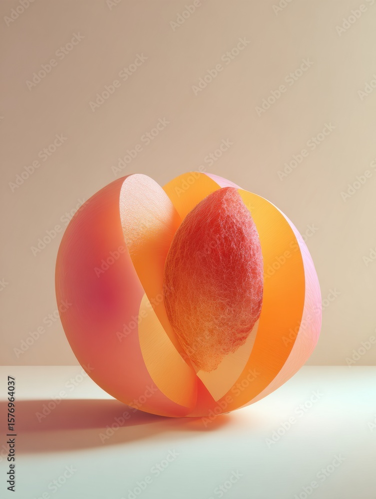 Aufkleber stylized peach split in vivid colors with 3d pit against a minimalistic backdrop showcasing creativi