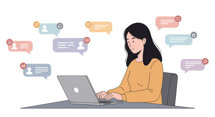 Person typing on laptop surrounded by social media icons in modern flat style