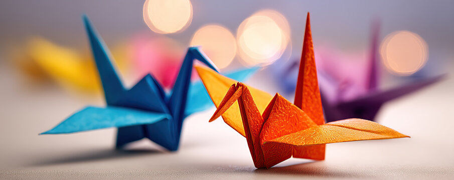 Colorful origami cranes display intricate craftsmanship at a creative workshop during a joyful afternoon gathering