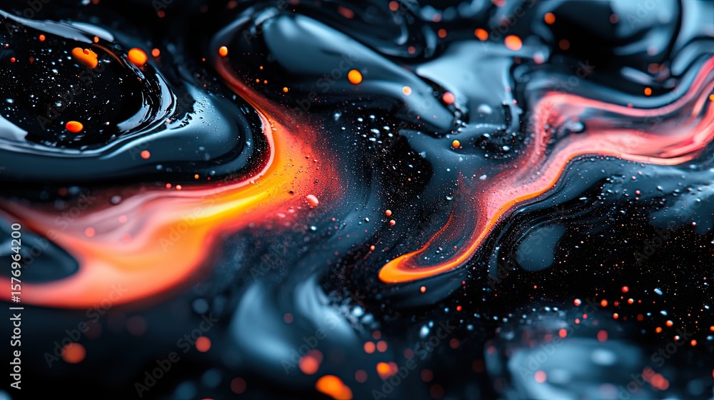 Poster abstract design with flowing colors and scattered particles.