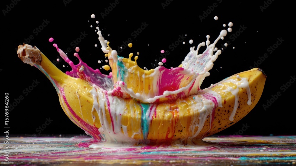 Poster banana split explodes in vibrant colors, capturing a dynamic motion freeze showcasing creamy splashe