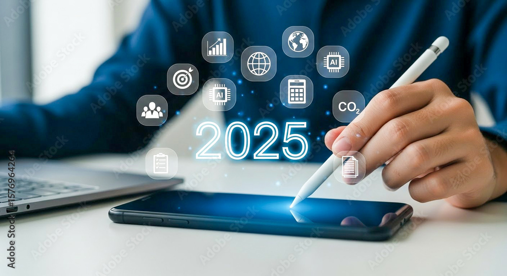 Poster hand using digital pen on tablet with virtual 2025 interface showing business icons for future techn