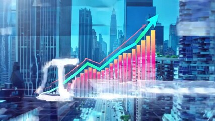 Vibrant finance infographic shows soaring multicolor line graph over futuristic city skyline, symbolizing rapid corporate growth and bullish market momentum. - Powered by Adobe
