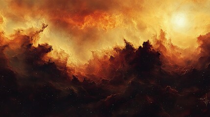 A vibrant depiction of a swirling nebula filled with fiery hues.