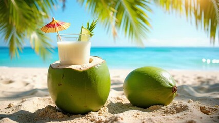 Enjoy the tropical bliss of fresh coconut water served in a shell on a sandy beach with a lime, umbrella, and relaxing ocean backdrop. - Powered by Adobe