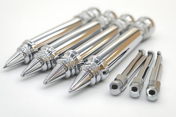 Bullet-Shaped Chrome Tire Valve Covers Aligned on White Surface

