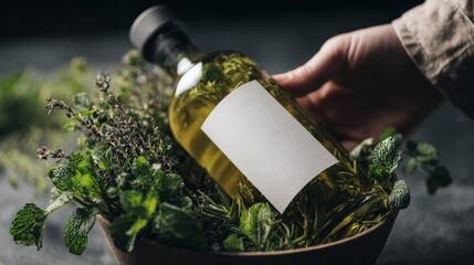 Hand holding olive oil bottle with herbs and blank label against dark background. Mockup for design. Concept.