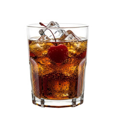 Refreshing cola drink with ice cubes and cherry garnish isolated on transparent background