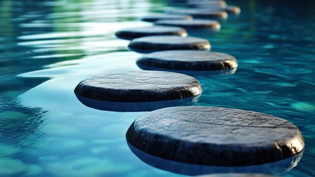A serene pathway of stepping stones across a tranquil blue water surface.