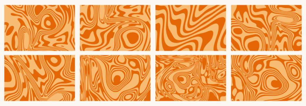Vector liquid salted caramel pattern collection. Fluid swirl syrup texture bg. Candy dessert background. Cool bold retro honey ripple backdrops. Psychedelic glitch wavy funky hippie vintage food print