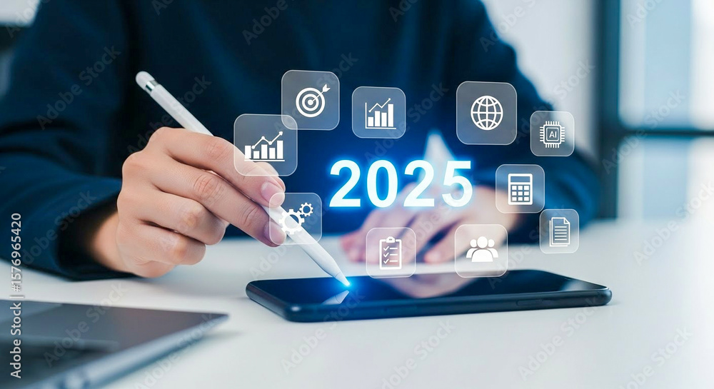 Poster hand using tablet with stylus showing 2025 virtual interface and futuristic business technology icon