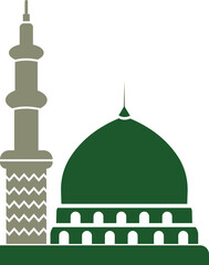 Masjid Nabawi Dome at Medina Saudi-Arabia vector illustration icon. Hajj Mubarak. Milad un Nabi Muhammad Arabic calligraphy mosque Ramadan Eid banner symbol isolated on transparent background.