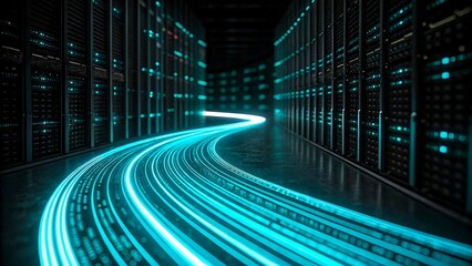 High speed data flow with glowing blue lines in futuristic server room and digital network environment
