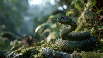 Fototapeta premium A snake (green viper) coiled upright on a rocky jungle ridge, camera locked on its flicking tongue and scales, blurred lush vegetation behind, cinematic tension and realism.