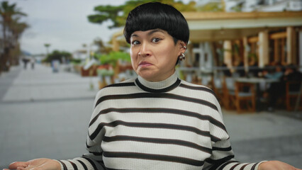 Woman shouting on a city street with visible outdoor background showcasing urban lifestyle and...