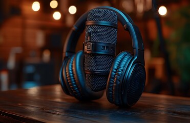 Black Microphone with Headphones on Wooden Table in Cozy Room

