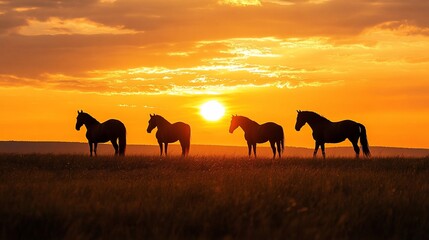 Silhouetted horses stand majestically against a vibrant sunset skyline