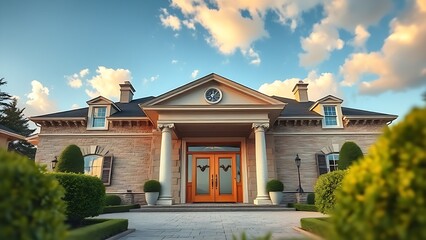 Majestic luxury house entrance with grand double doors and elegant stone columns under golden hour lighting.