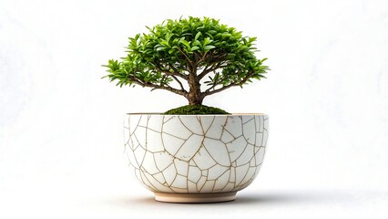 Miniature green bonsai tree in ceramic pot with cracked texture isolated on white background

