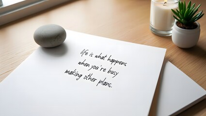 White paper with handwritten quote and decorative objects stone candle