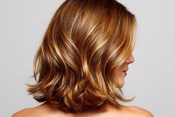 Fototapeta premium Golden Blonde Highlights Over Light Brown Base. The Hair Is Styled In Soft, Layered Waves, With Subtle Bounce And Shine Under Studio Lighting