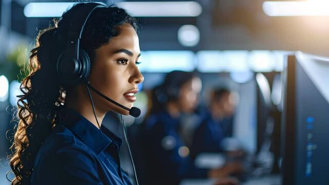 Focused woman headset call center