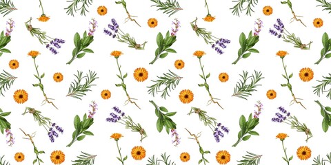 Colorful floral pattern with lavender, rosemary, and marigold on white background suitable for design projects