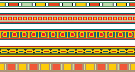 Vector set of colorful seamless Egyptian borders. Endless Ornaments of Ancient Egypt. Geometric African frame.
