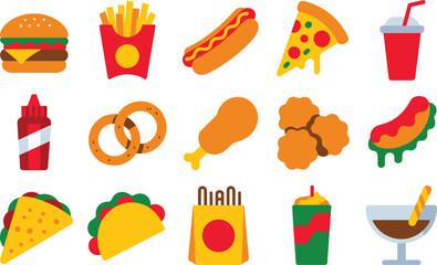 Flat Icon Set of Various Fast Food Items on White Background