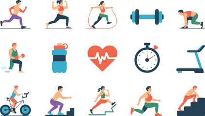 Fototapeta premium Fitness and Exercise Icons: People Working Out and Equipment