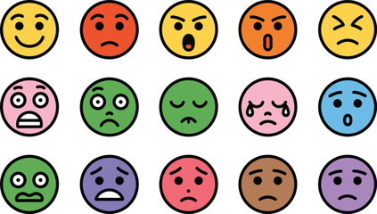Fifteen Colorful Emoji Faces Expressing Different Emotions