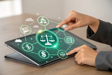 A person is interacting with a digital tablet displaying legal and financial icons, symbolizing the intersection of law and technology in modern business