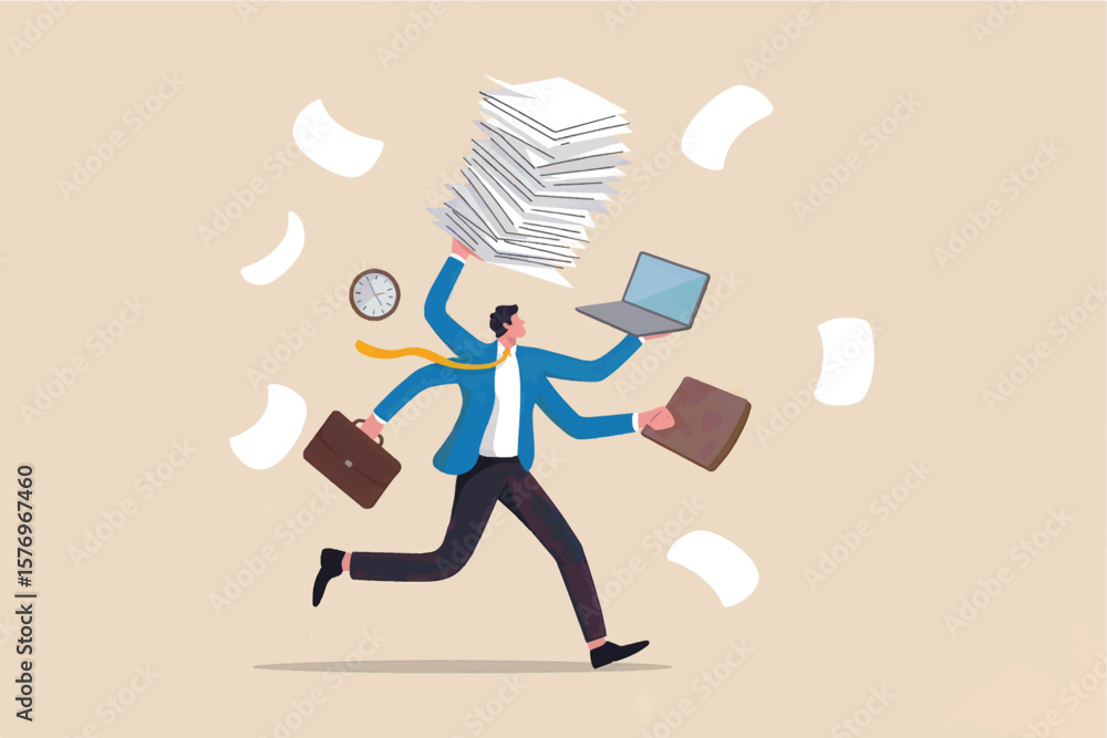 Poster overwhelmed businessman with multiple arms running with a stack of papers laptop and briefcases symb