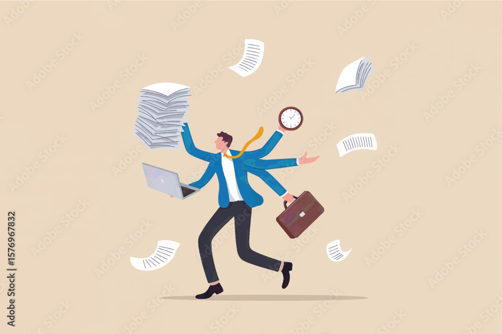 Poster overwhelmed businessman with multiple arms juggling documents laptop briefcase and a clock symbolizi