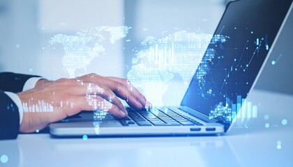 Global Connectivity Hands Typing on Laptop with World Map Overlay Illustrating Digital Business Communication and Technology