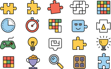 Puzzle Pieces Stopwatch Clock Lightbulb and Game Controller Icons