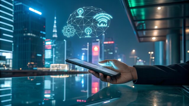 At night, a businessman uses his smartphone to connect to the citys network, controlling applications and interfaces with wireless technology and digital communication