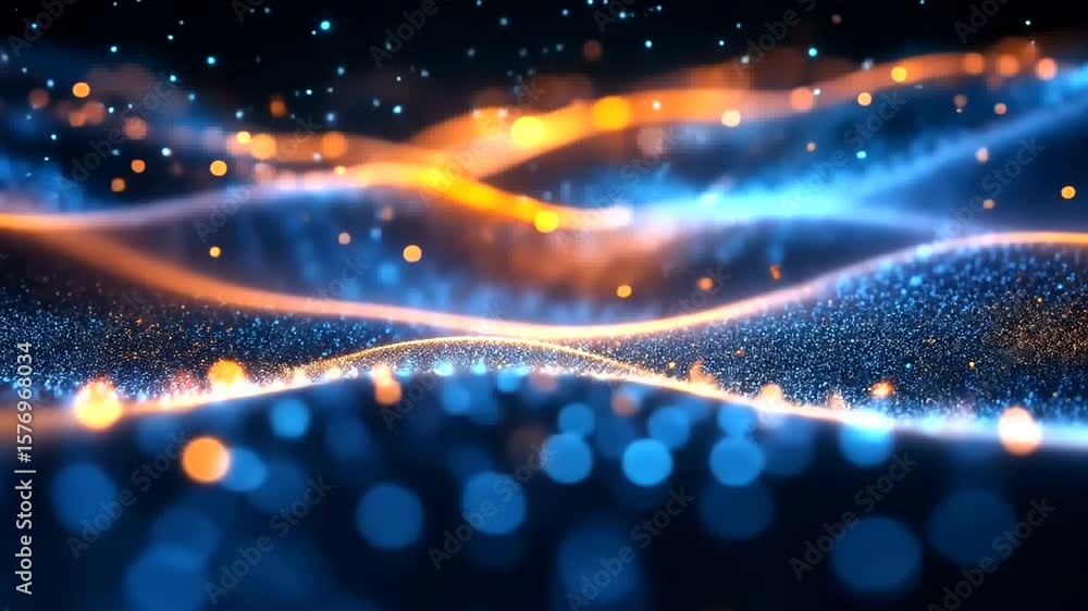 Poster abstract digital wave background with glowing particles and dynamic light streaks