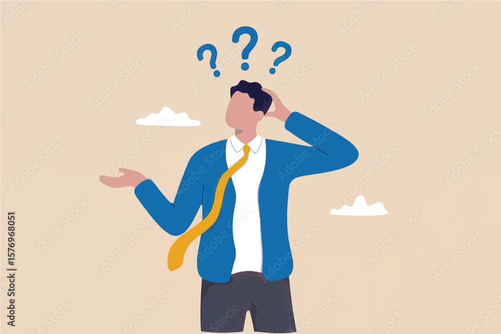 Poster confused businessman scratching head with question marks above isolated on transparent background re
